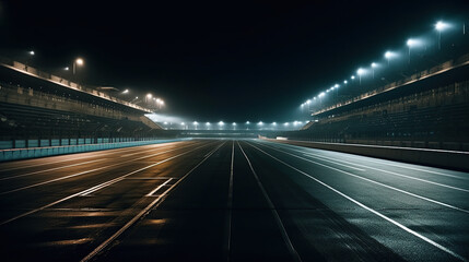 Fototapeta na wymiar race track empty at night with lights on, long exposure. postproduced AI image