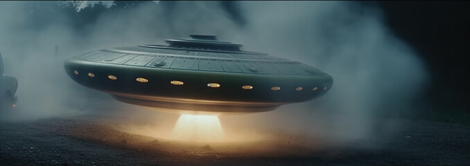 Naklejka premium Unidentified flying object UFO. Flying saucer sightings and abduction of people in farm landscapes. Generative AI