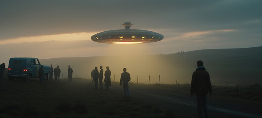 Unidentified flying object UFO. Flying saucer sightings and abduction of people in farm landscapes. Generative AI