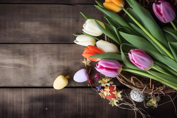 a bouquet of tulips and other flowers on a wooden table 