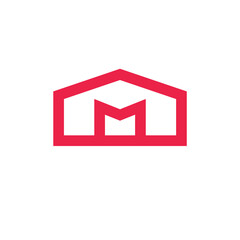 Letter M house logo design template in line art style