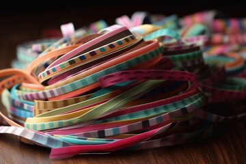 vibrant pile of ribbons arranged on a rustic wooden table. Generative AI