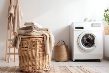 Modern washing machine and laundry basket near white wall, text space. Bathroom interior. Generative AI - obrazy, fototapety, plakaty