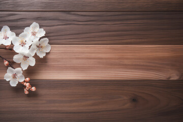 White sakura cherry blossoms on a dark brown wooden table. Top view spring banner with plenty of copy space.