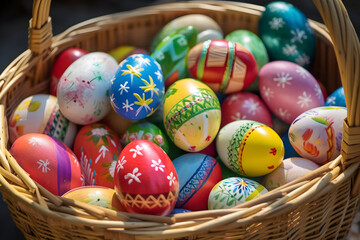 Fototapeta na wymiar a basket filled with lots of colorful decorated eggs 