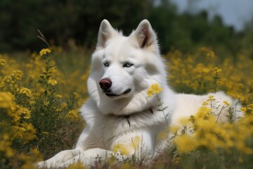 White husky dog; Siberian samojed. Generative AI - obrazy, fototapety, plakaty
