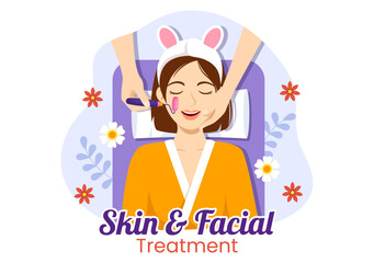 Facial and Skin Treatment Illustration with Women Skin Care, Anti Age Procedure, Massage or SPA Wellness in Flat Cartoon Hand Drawn Templates