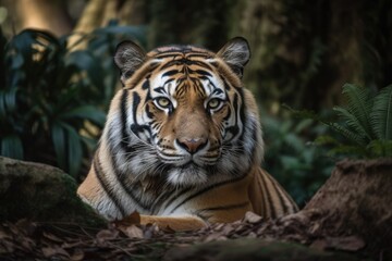 Fototapeta na wymiar Tigre is resting in Cabarceno Santander Park. Generative AI
