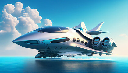 Fototapeta premium modern jet at the ocean with blue sky. Generative AI