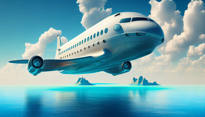 modern jet at the ocean with blue sky. Generative AI
