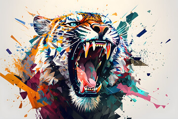 Abstract colorful tiger with polygon, open mouth fiercely. White background
Generative AI. 