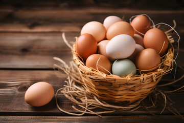a basket filled with eggs sitting on top of a wooden table 
