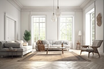 Fototapeta na wymiar modern living room with large windows and stylish furniture. Generative AI