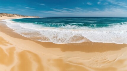Fototapeta na wymiar A sand beach with a blue sky and ocean waves. Generative AI