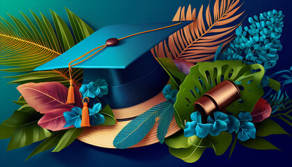 Tropical Graduation Background with Caps and Diploma. Generative AI