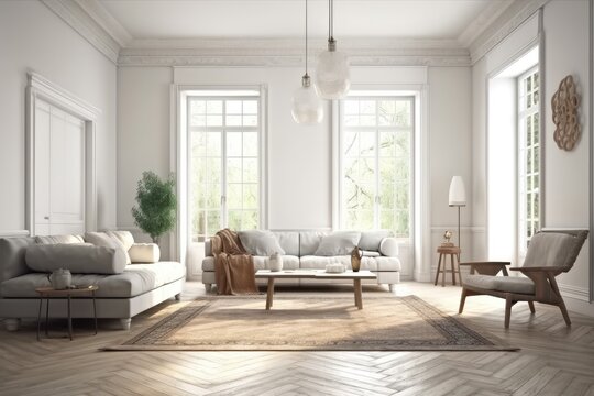 modern living room with large windows and stylish furniture. Generative AI