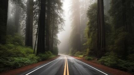 Fototapeta premium A road in the forest with a foggy background. Generative AI