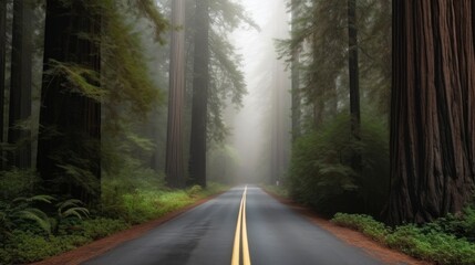 Obraz premium A road in the forest with a foggy background. Generative AI