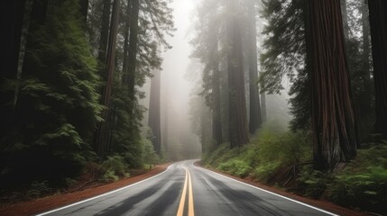 Obraz premium A road in the forest with a foggy background. Generative AI