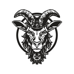 goat steampunk, logo concept black and white color, hand drawn illustration