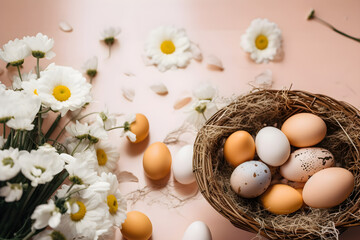 a basket filled with eggs next to a bouquet of flowers 