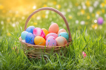Fototapeta premium a basket filled with colorful eggs sitting in the grass 
