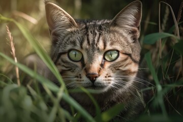 Naklejka na ściany i meble A household cat was hiding in the grass. Generative AI