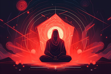 A monk sits in lotus pose in the sunset, person practices yoga and meditation radiating energy. Abstract illustration.
Generative AI.