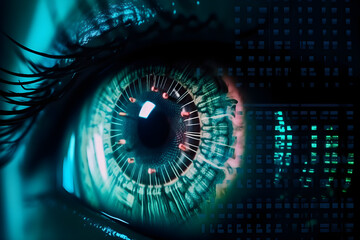Glitched eyes with digital information in the iris. matrix concept. sci-fi background.
Generative AI. 