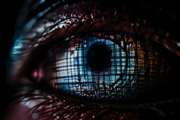 Glitched eyes with digital information in the iris. matrix concept. sci-fi background.
Generative AI. 