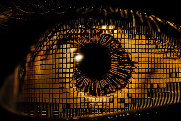 Glitched eyes with digital information in the iris. matrix concept. sci-fi background. Yellow color. 
Generative AI. 