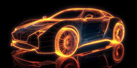 Generic abstract futuristic Glowing Concept Car neon wireframe. Orange lighting. 
Generative AI.