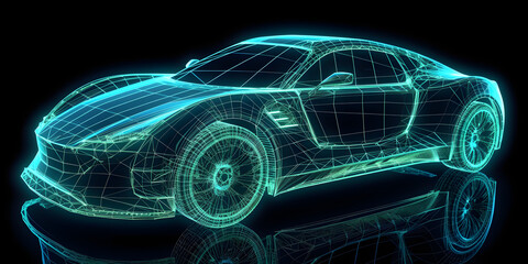 Fototapeta na wymiar Generic abstract futuristic Glowing Concept Car neon wireframe. Blue lighting. Generative AI.