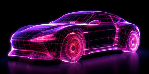 Generic abstract futuristic Glowing Concept Car neon wireframe. Purple lighting. 
Generative AI.