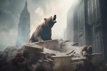 Giant bear roaring on top of ruins of a destroyed Wall Street bank in New York City. Market crash, recession concept. Bank collapse. 
Generative AI. 