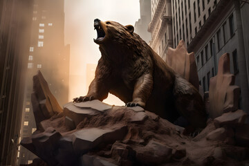Giant bear roaring on top of ruins of a destroyed Wall Street bank in New York City. Market crash, recession concept. Bank collapse. 
Generative AI. 