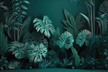 Naklejka na ściany i meble lush green tropical jungle background with various plant species. Generative AI