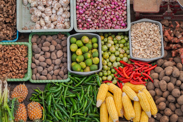 Top view of foodstuffs are sold in traditional markets