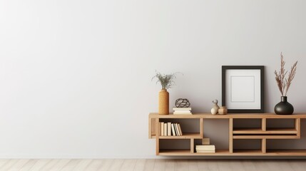 A living room with a shelf with a plant on it and a picture of a tree on the wall. Generative AI