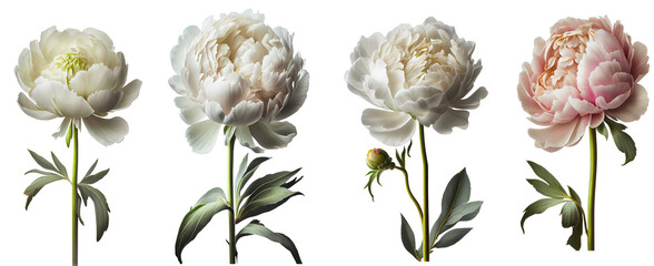 Peony flower group of 4 in white and pink. Isolated on transparent background. Created using Generative AI. - obrazy, fototapety, plakaty