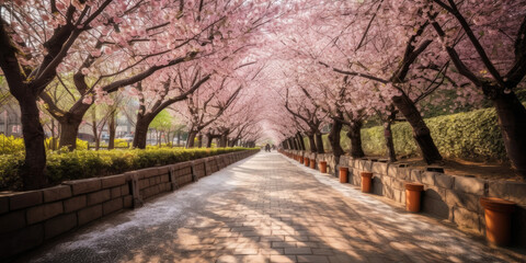 Naklejka na ściany i meble Sakura Cherry blossoming alley. Wonderful scenic park with rows of blooming cherry sakura trees in spring. Pink flowers of cherry tree, generative AI