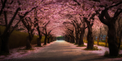 Sakura Cherry blossoming alley. Wonderful scenic park with rows of blooming cherry sakura trees in spring. Pink flowers of cherry tree, generative  AI