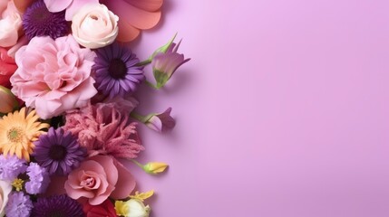 Obraz na płótnie Canvas A purple background with flowers and a bouquet of flowers. Generative AI