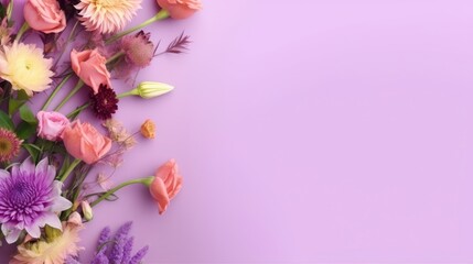 A purple background with flowers and a bouquet of flowers. Generative AI