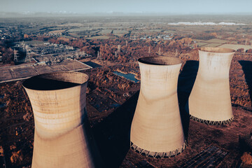 Aerial Photo Of Thermal Power Plant. Power station with cooling towers. Aerial view of the the...