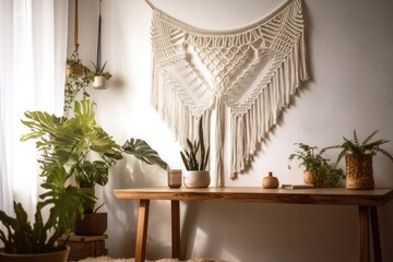 Macrame. White wall decoration with 100% cotton and wooden stick. Cotton threads and macrame. Feminine hobby. Eco friendly modern knitting natural interior decorating. Generative AI