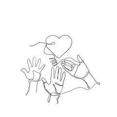 continuous line drawing Hands of people reaching for love together illustration