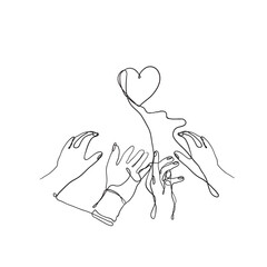 continuous line drawing Hands of people reaching for love together illustration