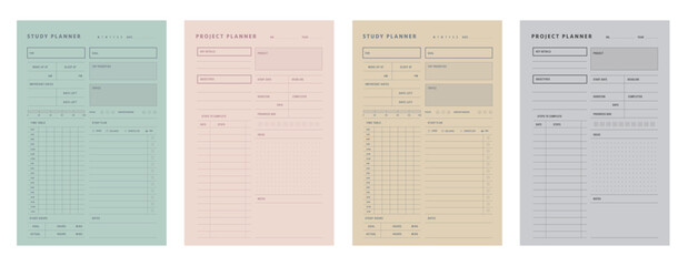 4 set of Study and Project Planner template. inimalist planner template set. Vector illustration.	 