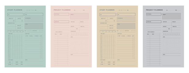 4 set of Study and Project Planner template. inimalist planner template set. Vector illustration.	 